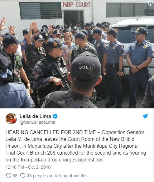 当地法庭第二次取消对反对党议员德利马涉嫌毒品指控的听证会 截图来自社交媒体