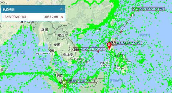 鲍迪奇号最近的活动范围，主要在南海海域，图片来源：船讯网