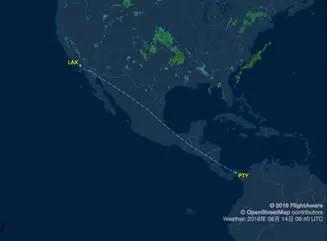 另一班从洛杉矶飞往巴拉圭首都亚松森的民航航班CMP473的航路，近似一条直线