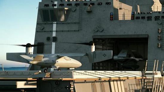 图片：美国贝尔V247无人机在两栖攻击舰上起降，注意也采用机翼外翼段和旋翼同步倾转的设计。
