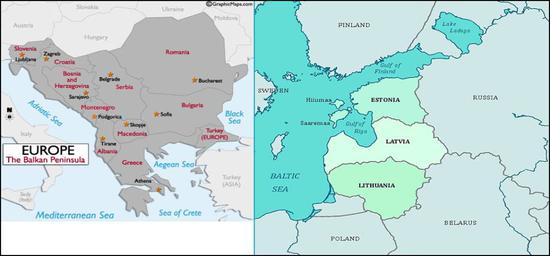 巴尔干半岛（左）与波罗的海（右）位置 来源：推特