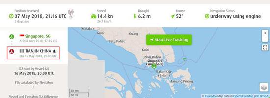 ▲NIKIFOR BEGICHEV号货船实时位置，刚过新加坡，预计16日抵达天津港