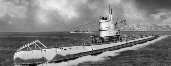 二战德国海军IXD2型U艇艺术图，U-864就属于该型U艇。