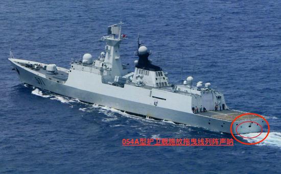 054A型护卫舰拖曳声呐探测距离可超过100公里。
