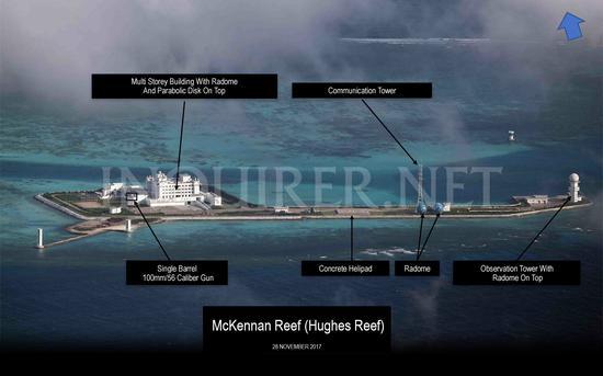 图17：西门礁全景，坐南朝北拍摄，摄于2017年12月28日。主楼西侧有100毫米炮塔，东侧依次是直升机起降坪、通信塔、雷达天线罩等。西门礁旁边的东门礁在2016年4月还曾被越南记者从海上抵近拍摄。