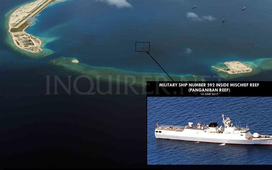 图10:美济礁潟湖内除了多艘货船外,还有中国海军“泸州”号导弹护卫舰(舷号592)。