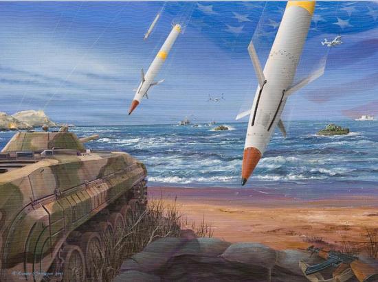 这是一张2009年的时候洛克希德马丁拿出来的AGS的效能概念图,图中在海岸面对美军海军陆战队编波的efv车群的步兵战车是俄罗斯涂装的我军86式步兵战车。这就是ddg1000设计的初衷。