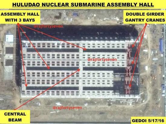 卫星拍摄的中国核潜艇巨大的生产车间