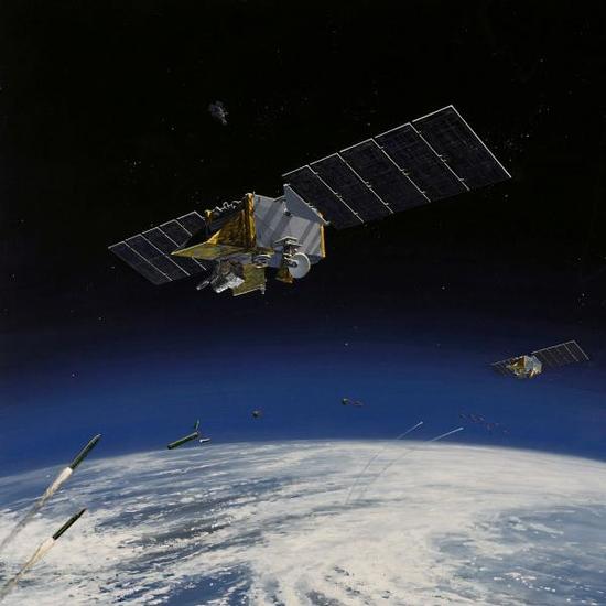 美国STSS卫星作战示意图，这种卫星主要用来监视中近程弹道导弹
