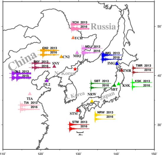 朝鲜四次核爆的地点（红色五角星），用于该研究的地震台站分布（三角形）以及2013和2016年两次核爆的地震波波形。

