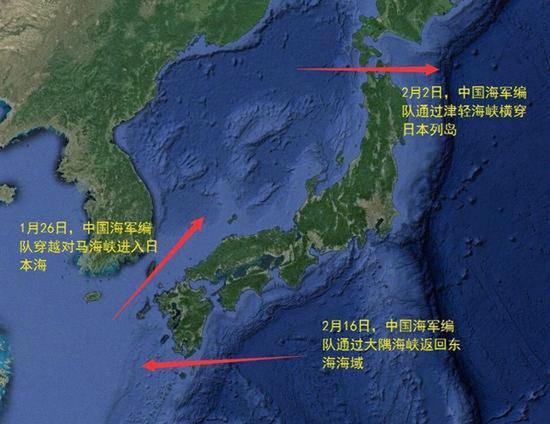 日本防卫省17日发布消息称,日本自卫队发现中国海军编队穿越大隅海峡向西航行。根据此前报道,该编队曾在1月26日穿越对马海峡向东进入日本海,随后于2月2日通过津轻海峡横穿日本列岛,绕日本近一周后又在近日穿越大隅海峡返回东海。