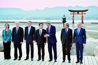 10日，七国外长在日本广岛参加G7外长会议期间参观严岛神社 