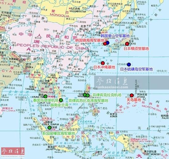 美在中国周边全部军事基地曝光菲可常驻2艘航母图