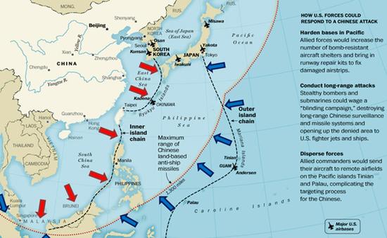 资料图：外媒绘制的中国东风21D导弹射程图。