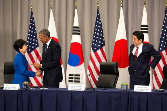 资料图：2016年3月31日，美日韩在华盛顿举行三边会晤