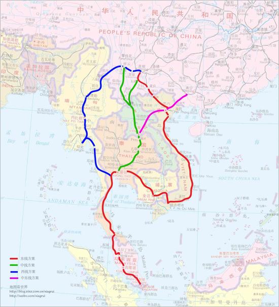泛亚铁路规划图（绿色部分为中泰铁路）