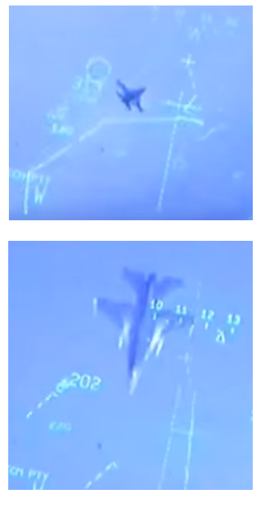 图1 希腊公布的爱琴海上空的对抗照片。虽然远距离（上图）可能看不清，但是近距离（下图）显示F-16挂有两个翼下副油箱。