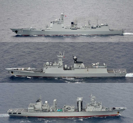 海自P-3C巡逻机8月14拍摄的西安舰编队:153西安舰、572衡水舰、966高邮湖舰(由上至下)
