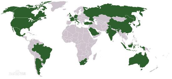 G20国家在世界分布情况（绿色区域）