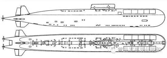 661型飞航导弹核潜艇侧视与俯视图