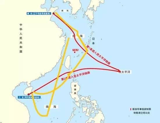 黄线就是辽宁号的大概航行路线，红线是未来中国航母从黄海和南海母港出击太平洋的路线图。