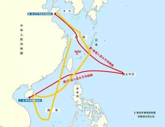 黄线就是辽宁号的大概航行路线,红线是未来中国航母从黄海和南海母港出击太平洋的路线图。