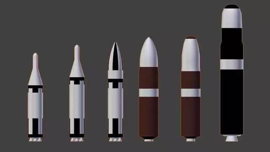 美国的全部潜射导弹型号 最右边的是“三叉戟ⅡD5”导弹