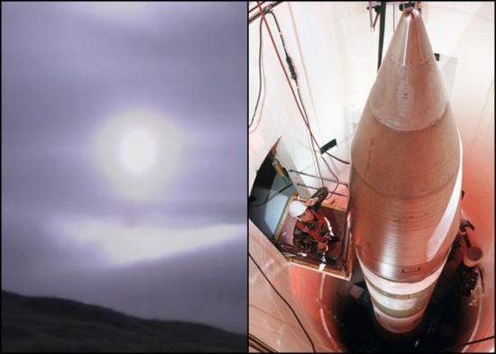 导弹在浓雾中发射升空（左图）；右图为民兵3型导弹