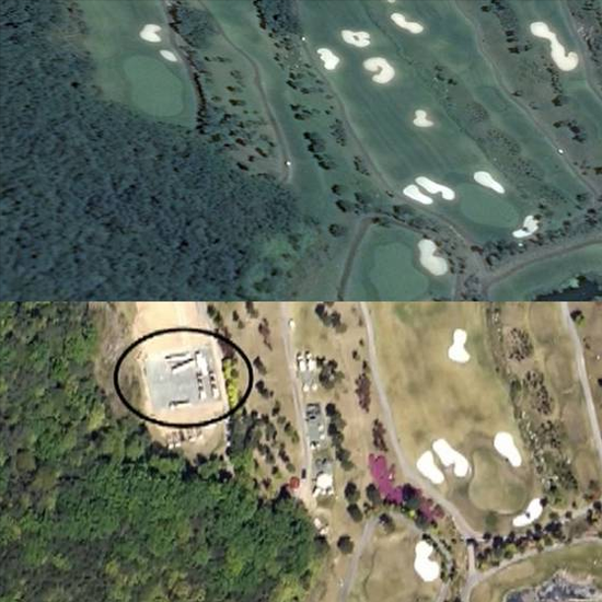 谷歌地图卫星图（上）与朝鲜公布照片（下）对比，谷歌卫星图系2015年拍摄
