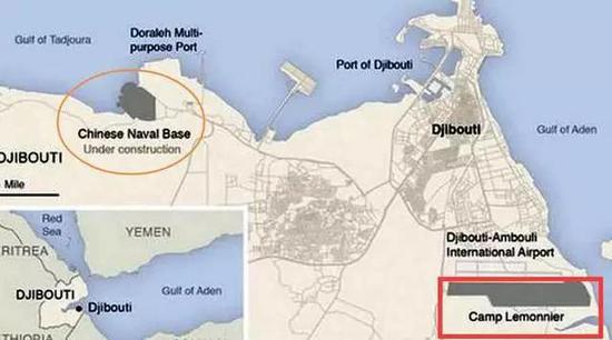 椭圆内为中国在吉布提的基地位置图