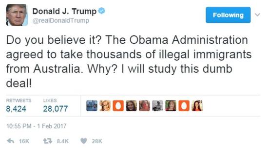 特朗普曾在社交媒体上批评美澳难民交换