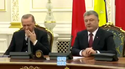 土耳其总统在发布会上打瞌睡 乌克兰总统一旁