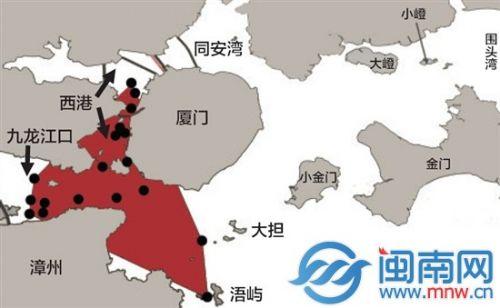 厦门湾62只在编白海豚活动范围,红色区域为其中一只在编白海豚的出现区域和次数