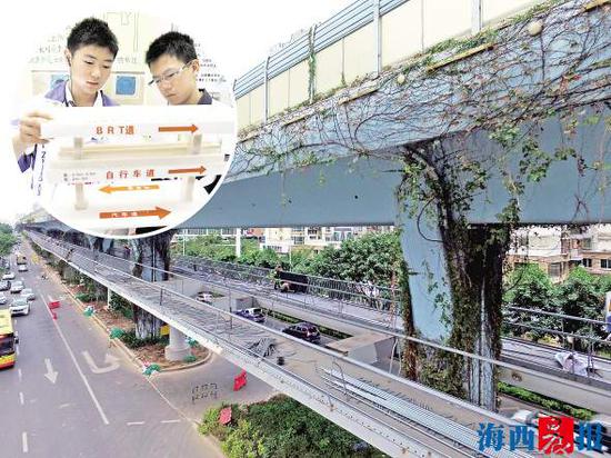 已建成的空中自行车道与李韵鹏（左）当初的构想如出一辙。