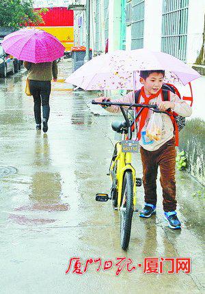 　　▲一名放学回家的学生正推着自行车冒雨走在沙坡尾街头。（本报记者  王协云  摄）