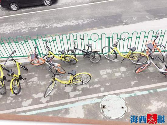 在蔡塘BRT站下，单车横七竖八摆放着。