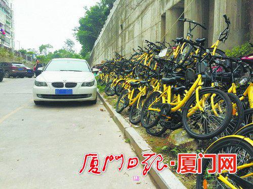 　　近百辆共享单车被堆放在绿化带上。