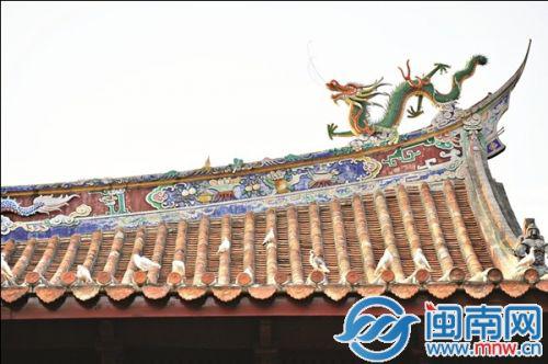 大雄宝殿屋脊上白鸽常在