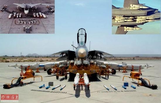 ▲大图为伊朗空军进行F-14地面武器展示，左小图为美海军F-14武器展示，右小图为满挂6枚AIM-54飞行的F-14。