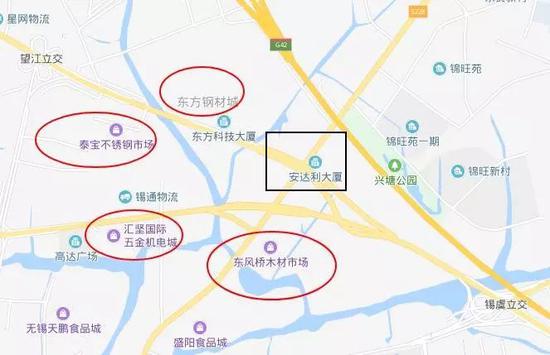 （黑色方框是本次桥梁侧翻的位置，周围至少有4个专业批发市场）