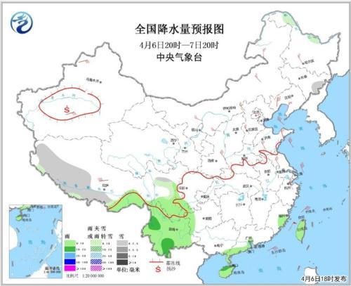 全国降水量预报图（4月6日20时-7日20时）图片来源：中央气象台