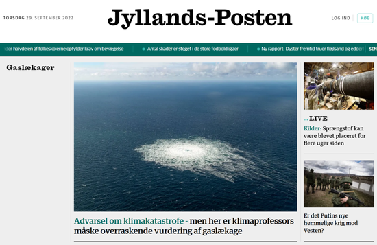  丹麦《日德兰邮报》9月29日报道：瑞典发现了北溪管道的第四处泄漏