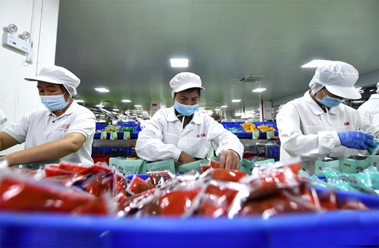 在广西一食品有限公司螺蛳粉生产车间，工人在生产线上包装螺蛳粉。