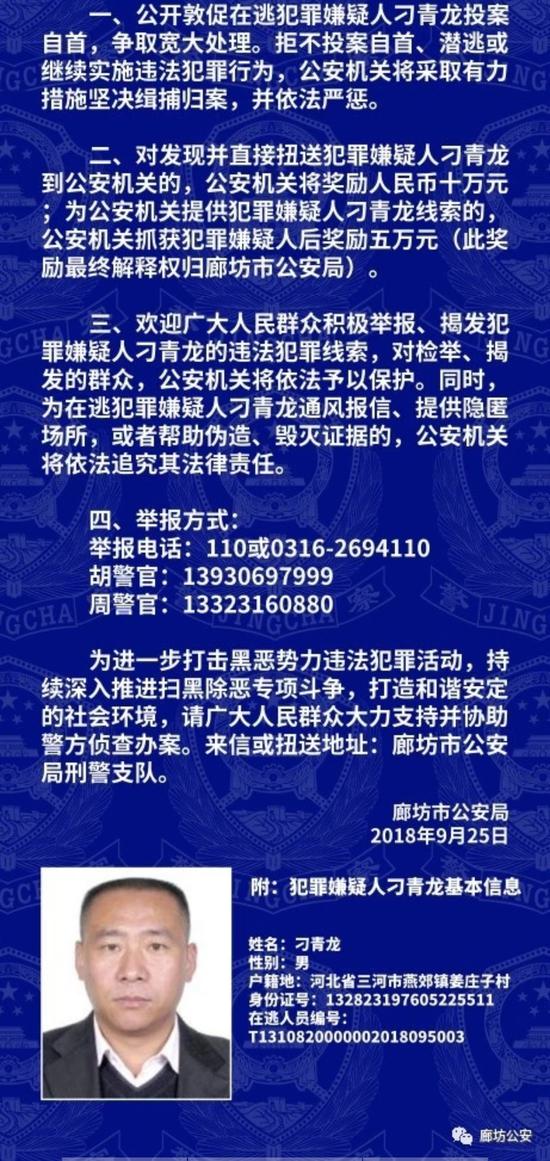 河北廊坊警方悬赏10万 缉拿涉黑嫌疑人刁青龙(图)
