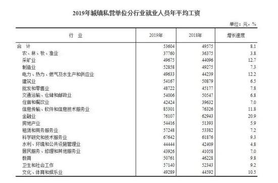 2019年城镇私营单元分行业就业职员年平均工资