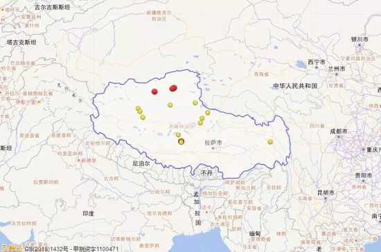 2018年1月1日到3月31日西藏三级地震活动分布图（四级以上红色标注）