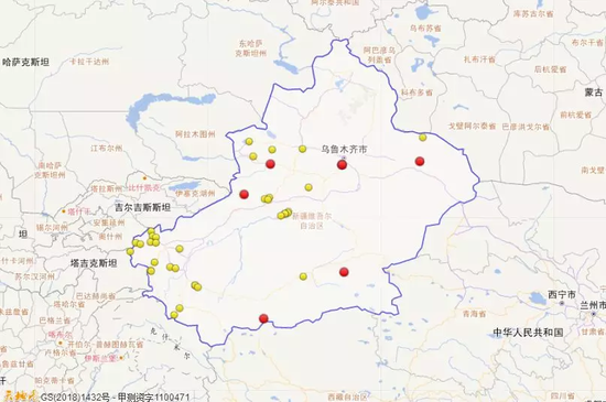 2018年1月1日到3月31日新疆三级地震活动分布图（四级以上红色标注）