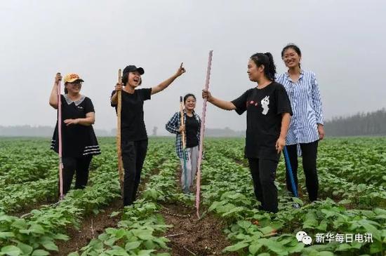  ↑钟月（右一）与伙伴在绿豆种植基地田间拍摄用于宣传推介她们所销售的农特产品的短视频。新华社记者许畅摄