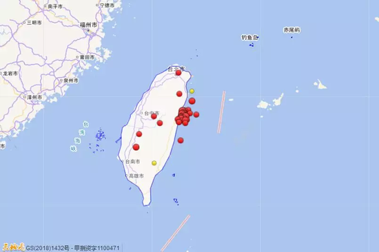 2018年1月1日到3月31日台湾三级地震活动分布图（四级以上红色标注）