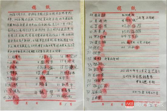 2018年7月30日,西小庄村46户村民在不同意对外承包土地的声明上签字、按手印。